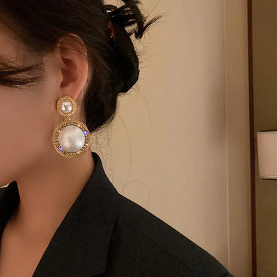 2023 Luxury Shiny Oversize Pearl Drop Earrings For Women Crystal Golden Round Pearl Wedding Dangle Earrings Jewelry Party Gift