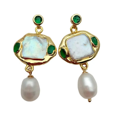 YYGEM Freshwater Cultured White Square Pearl Rice Pearl Green Crystal Dangle Stud Earrings