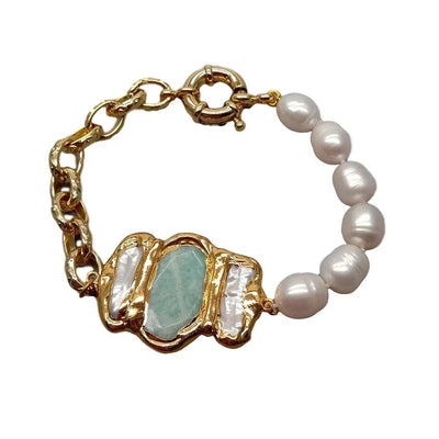 Y.YING natural Cultured White Rice Pearl Amazonite Biwa Pearl Chain Bracelet 8" vintage style for women