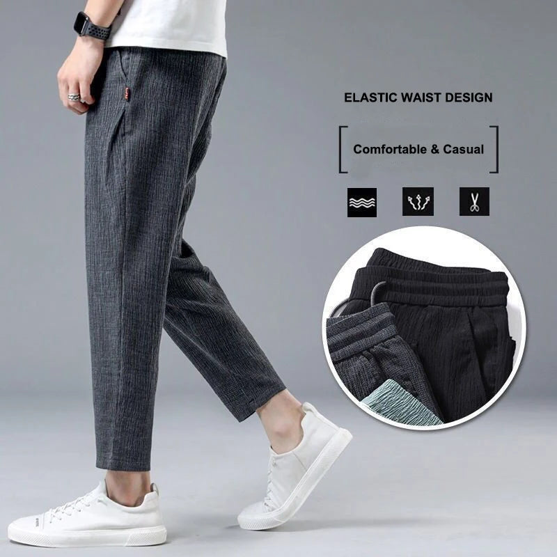 Ice Silk Linen Man Sport Pants Casual Overweight Sweatpants Male Quick-dry Elastic Baggy Ankle-length Harem Trousers Big Size
