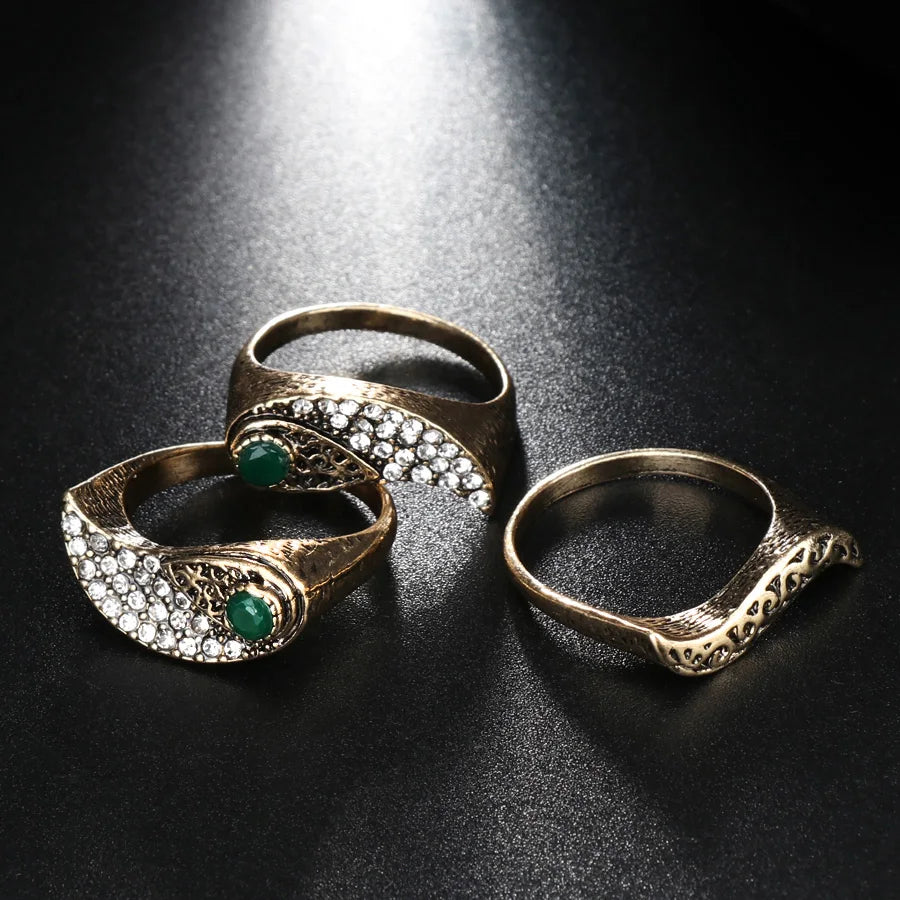Kinel New Arrivals Fashion 3Pcs Bohemia Women's Rings Sets Antique Gold Color Mosaic Crystal Midi Ring Unique Retro Jewelry