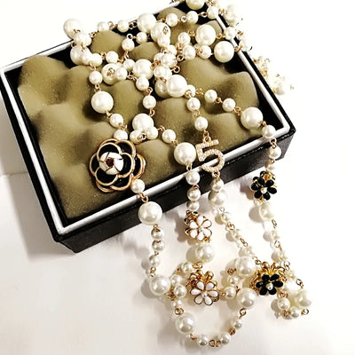 Mimiyagu Long Simulated Pearl Necklace For Women Double Layer Pendant Sweater Chain Party Jewelry