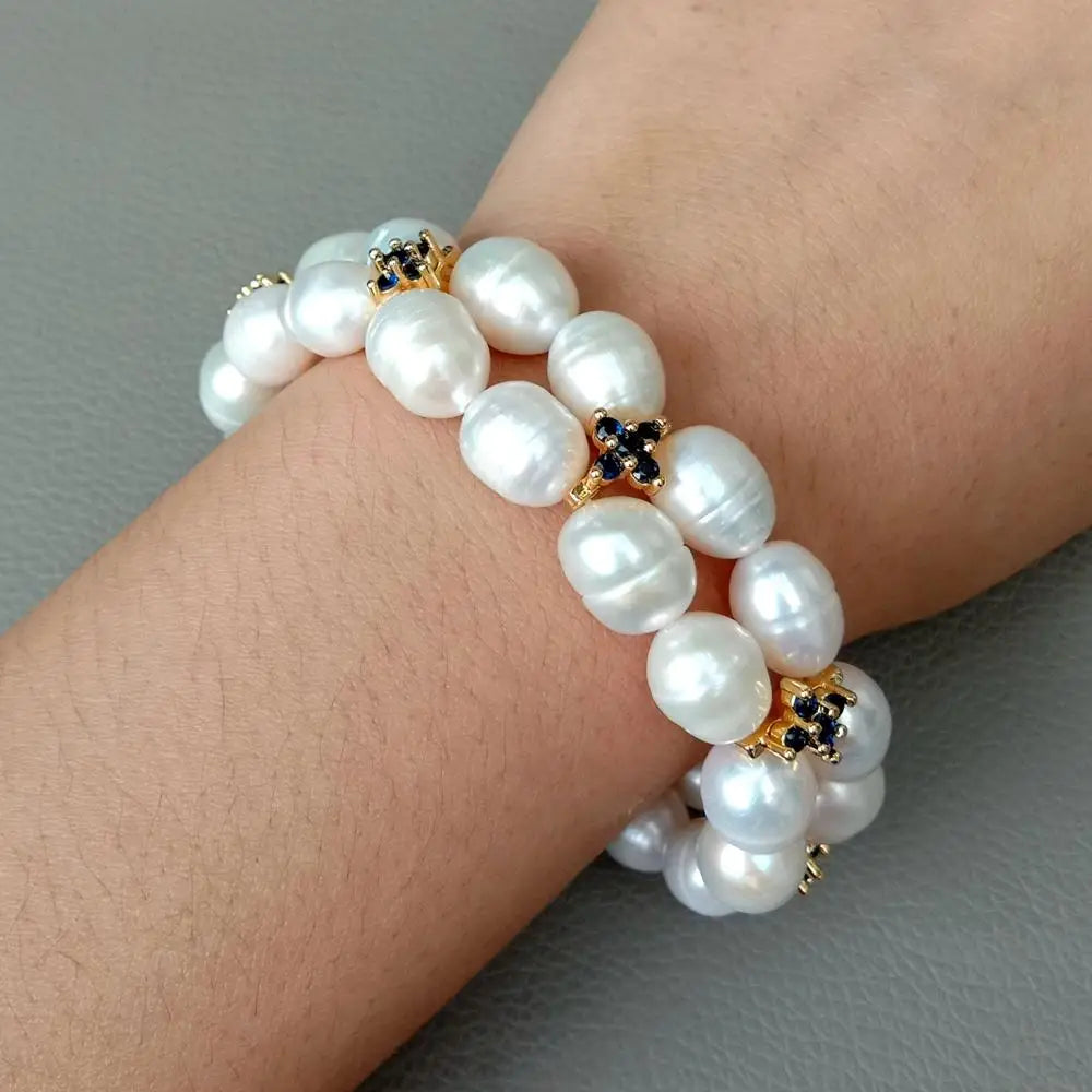 Cultured White Rice freshwater Pearl Blue Cubic Zirconia flower pave connector Spacer Stretch Bracelet for women