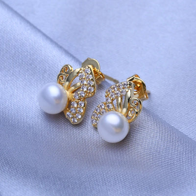 FENASY Natural Freshwater Pearl Gold Color Cute Butterfly Stud Earrings Wedding Engagement Bohemian Party Jewelry