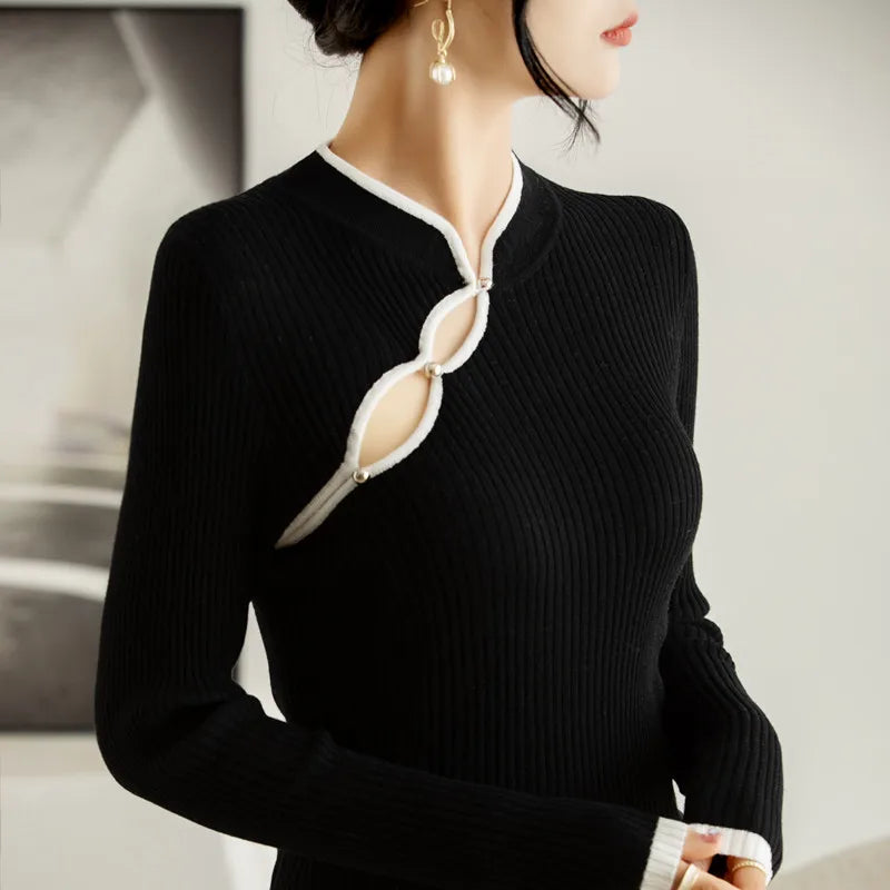 2024 New Chinese style Spring Autumn Cashmere Sweater Women Long Sleeve Cashmere cheongsam style