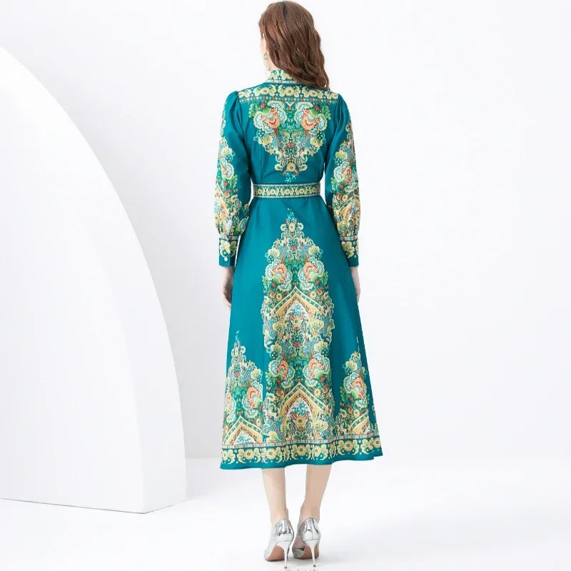 2024 Vacation Palace Style Lapel Single Flap Lantern Sleeves Long Retro Print Dress