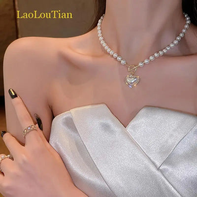 Korean Elegant Pearl Beads Necklace for Women Fashion Rhinestone Shell Heart Pendant Necklace Girl Charms Vintage Choker Jewelry