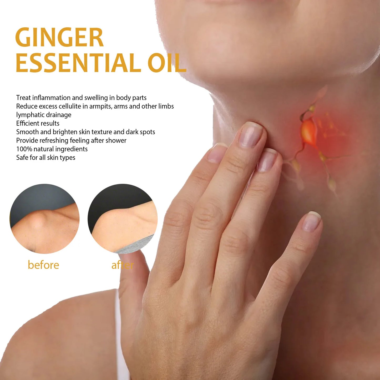 EELHOE Ginger Oil Lymphatic Drainage Body Care To Dredge Armpit Neck Meridian Dredging Relieve Stress Lose Weight Essential Oil