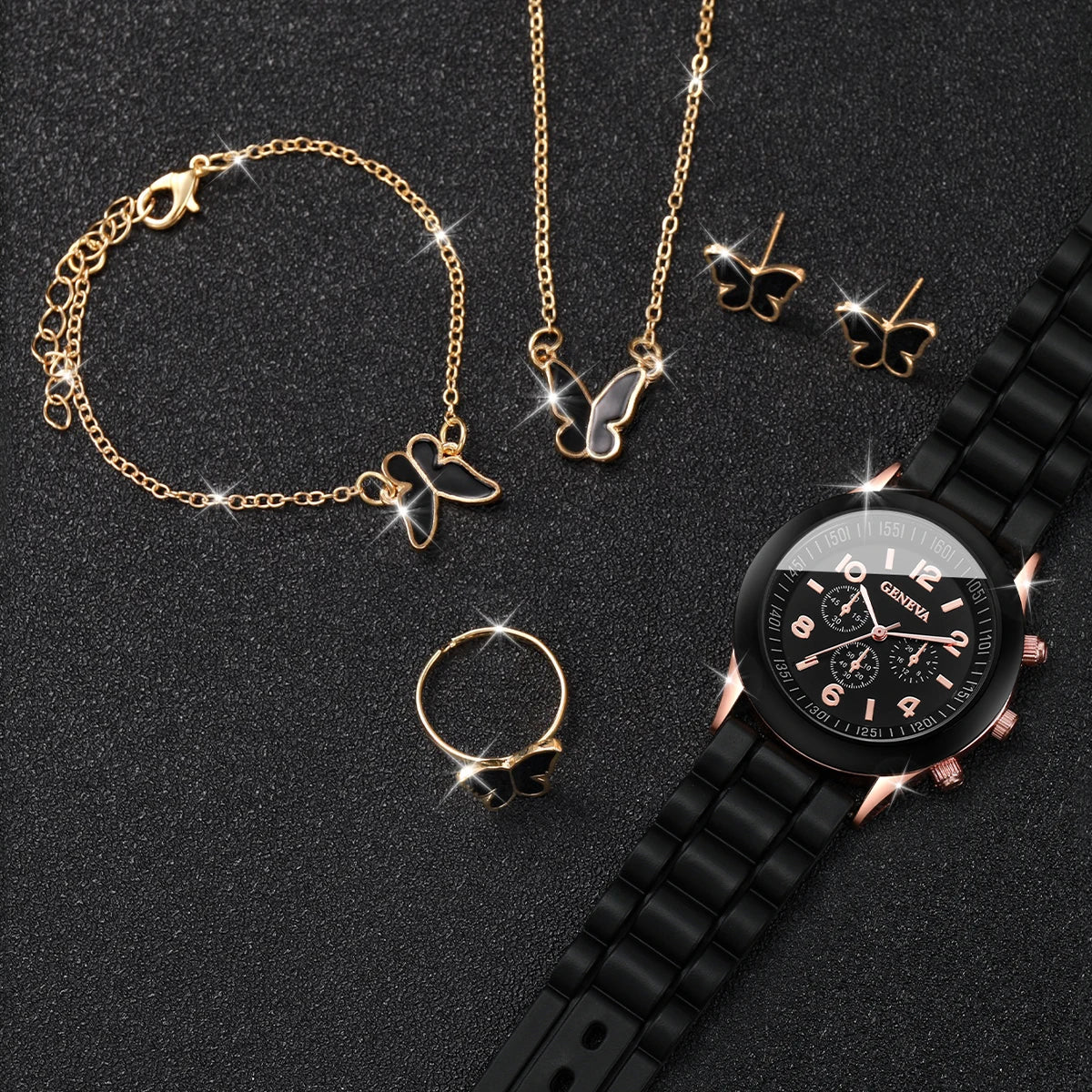 5pcs/Set Geneva Watch Women Fashion Silicone Band Quartz Watch Butterfly Jewelry Set(Without Box)