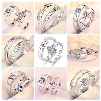 2PCS Fashion Exquisite Silver Color Couple Paired Ring For Women Men Opening Adjustable Engagement Wedding Gift Jewelry Accessor