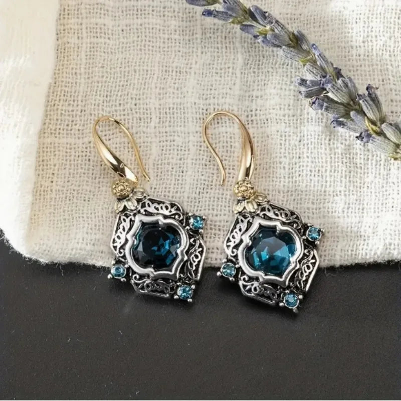Engraved rhombus blue synthetic gemstone decorative pendant earrings retro elegant style jewelry exquisite women's earrings