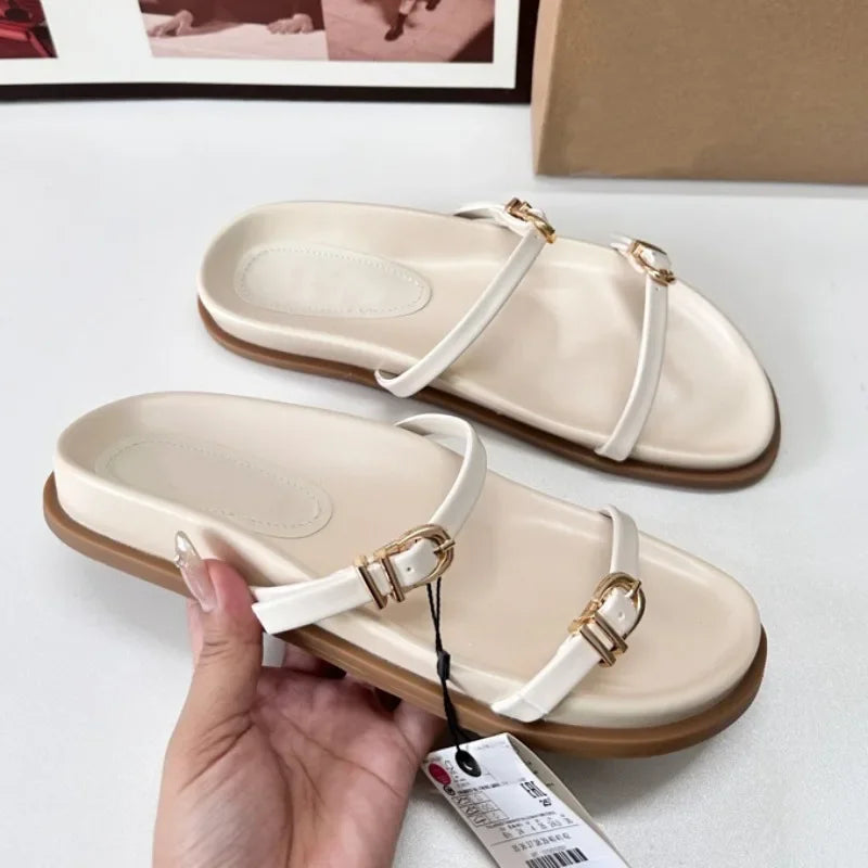 2025 Summer Outdoor Flat Women Slippers Comfortable Soft Sole Ladies Beach Shoes Chic Metal Buckle Belt Solid Female Slides