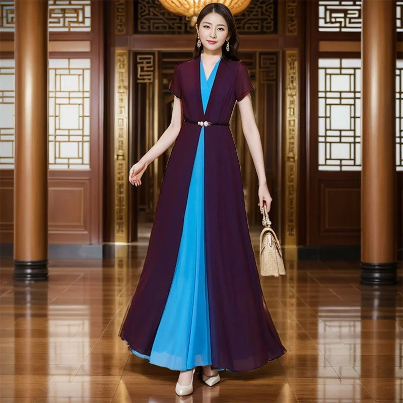 2024 Summer Female Bohemian Purple V-neck High end Splicing To Ankle Long Dress Women's New Chiffon Large hem Slim Long Dress