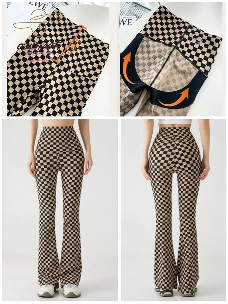2024 Spring Summer New Checkerboard Shark Flared Leggings Women High Waist Tight Butt Lifter Sexy American Style Boot Cut Pant