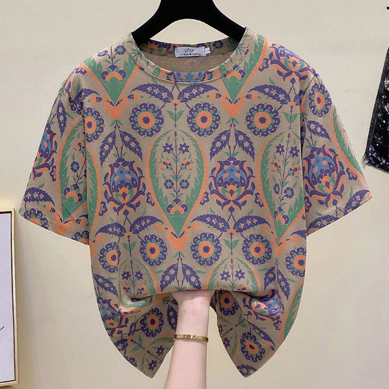 Fashion Casual Round Neck T-Shirts Loose Straight Pullovers Simplicity Printing Short Sleeve Summer Thin Women's Clothing 2023