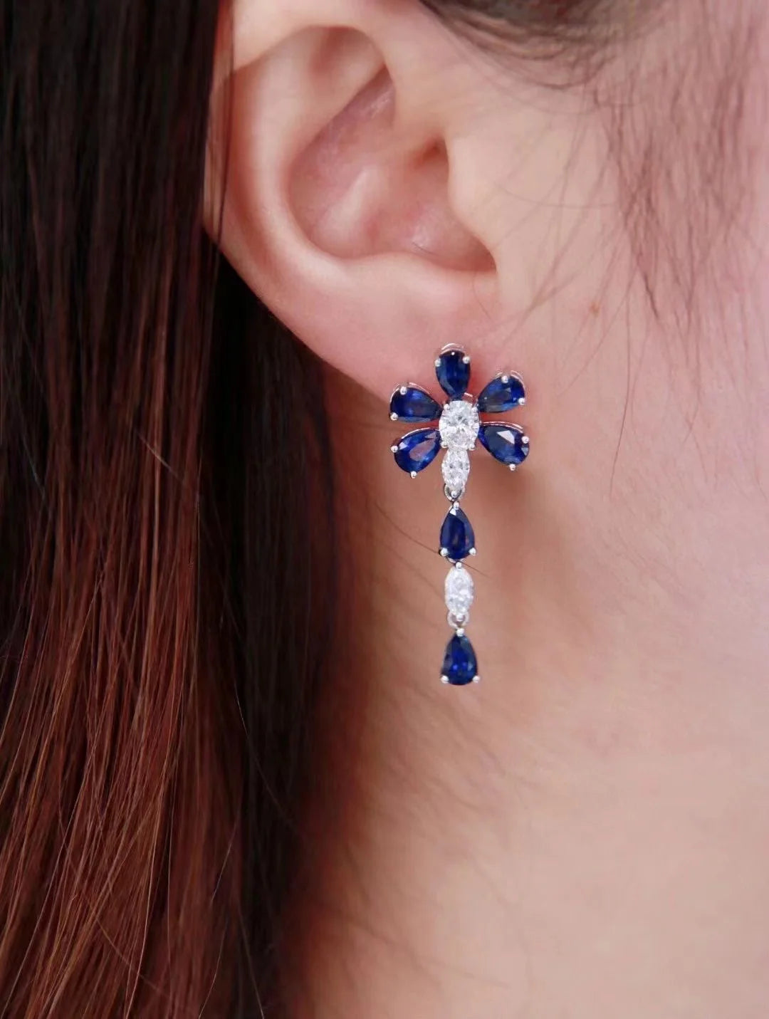 New Boho Tassel Flower Earrings For Women With 925 Stamps Fashion Sapphire Blue Zircon Earrings Party Birthday Jewelry Gift