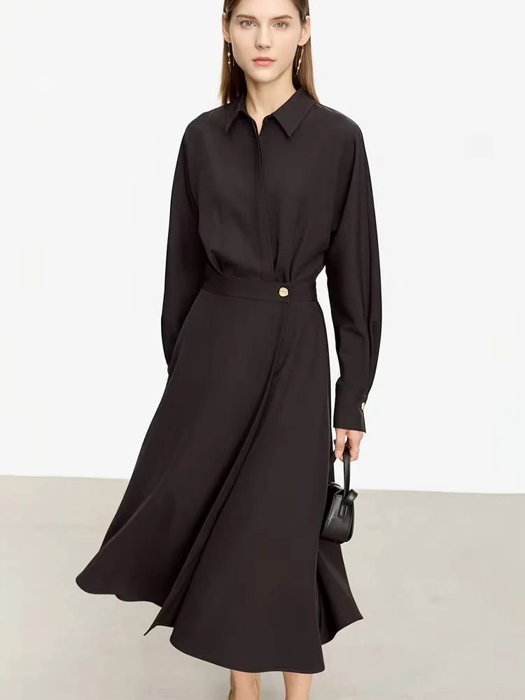 AMII Minimalist French Long-sleeve Shirt Dress for Women 2024 Autumn New A-line Office Lady Solid Midi Dresses Vestidos 12343290
