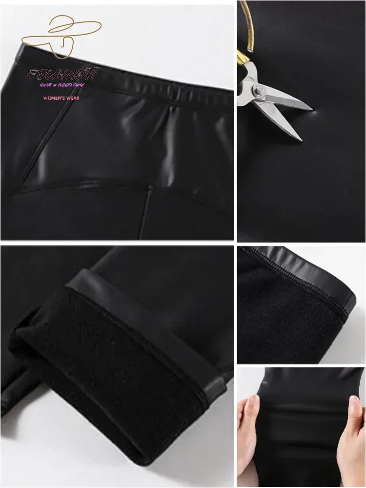 Women Oversize Leggings Sexy PU Leather Pants Spring Autumn Thin Velvet Artificial Increase Matte Trousers Tight
