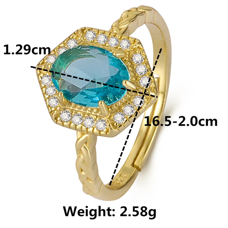 Real S925 sterling silver 18k Gold plating Geometric hexagon Synthetic blue topaz open ring for women luxury Fine jewelry