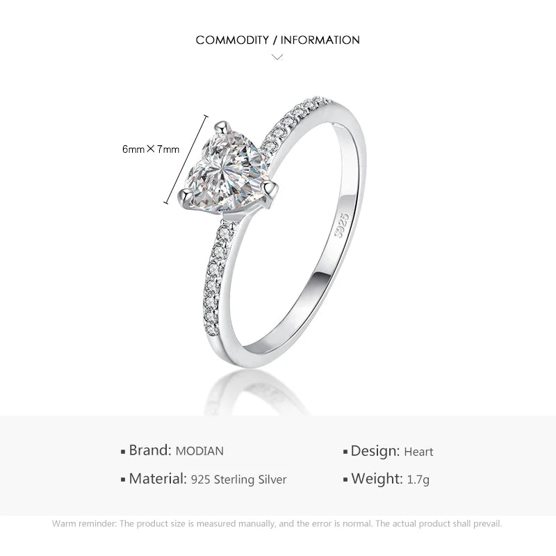Modian Sparkling 925 Sterling Silver Heart 1CT Clear CZ Finger Rings For Women Classic Luxury Wedding Accessories Jewelry GIFT