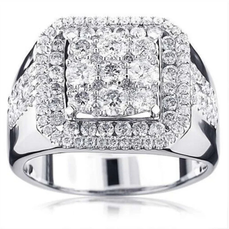 Ofertas Business Style Silver Color Square Full Crystal Men's Rings Fashion Party Wedding Engagement Ring Jewelry
