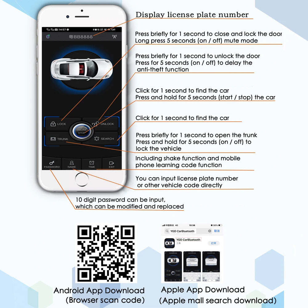 APP control automatic start and stop keyless entry system, engine start alarm system, one key start auto parts