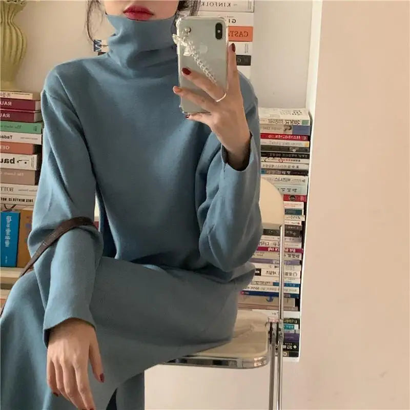 Long Sleeve Dress Women Solid Turtlenek Side Slit Midi Elegant All-match Korean Style Simple Winter Fashion Ins Stylish Vestido