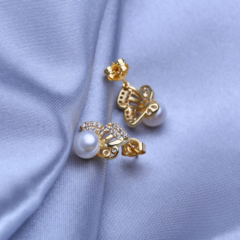 FENASY Natural Freshwater Pearl Gold Color Cute Butterfly Stud Earrings Wedding Engagement Bohemian Party Jewelry