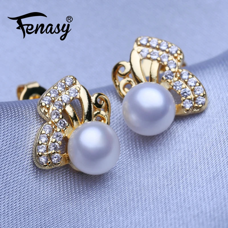 FENASY Natural Freshwater Pearl Gold Color Cute Butterfly Stud Earrings Wedding Engagement Bohemian Party Jewelry