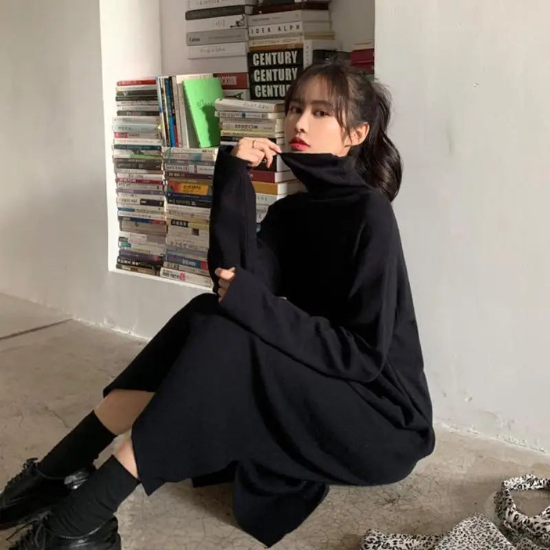 Long Sleeve Dress Women Solid Turtlenek Side Slit Midi Elegant All-match Korean Style Simple Winter Fashion Ins Stylish Vestido