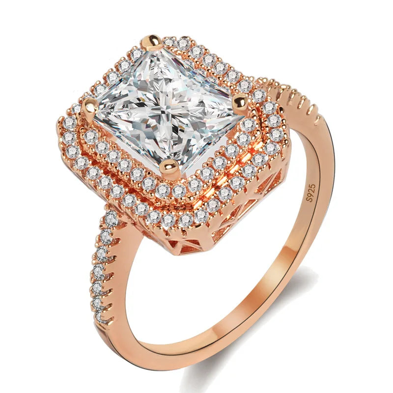 Geometric Rectangle Rose Gold Wedding Ring for Women Micro-inlaid Simulation Ring Fashion Jewelry Engagement Love Rings Gift
