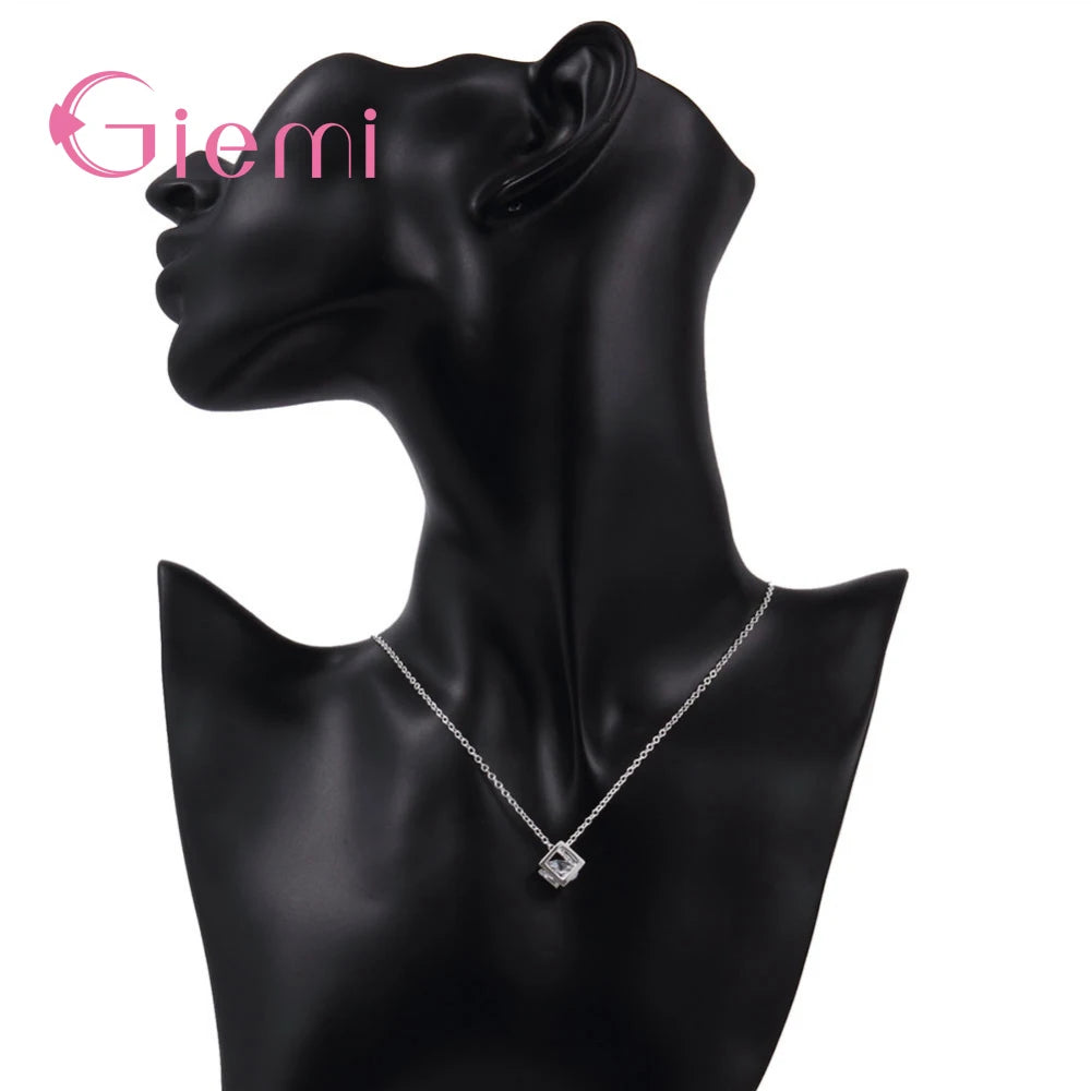 Delicate 925 Sterling Silver Jewelry With Cubic Zirconia Square Pendant Necklace Women Anniversary Lovely Gifts