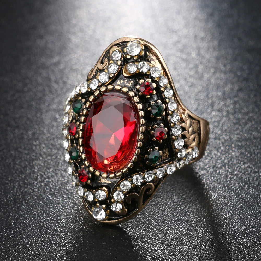 Kinel Fashion Antique Jewelry Oval Blue Resin Retro Rings For Women Inlaid Crystal Flower Party Ring 2017 New