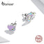 Bamoer New Dreamy Unicorn Ear Studs for Young Girl Genuine 925 Sterling Silver Morandi Color Animal Earrings Fine Party Jewelry