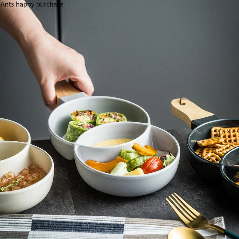 Nordic Ceramic Grid Snack Tray Dessert Plate Salad Bowl Household Kitchen Supplies Restaurant Tableware Fruit Decoration Tray