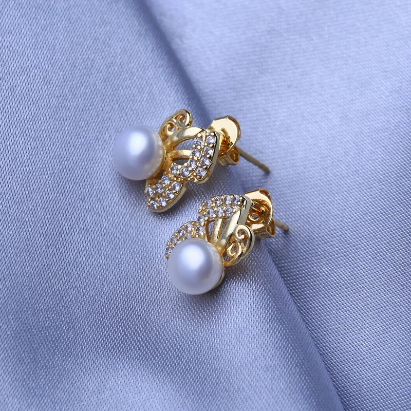 FENASY Natural Freshwater Pearl Gold Color Cute Butterfly Stud Earrings Wedding Engagement Bohemian Party Jewelry