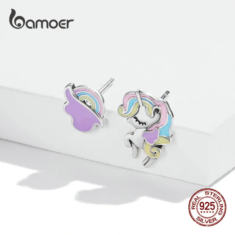 Bamoer New Dreamy Unicorn Ear Studs for Young Girl Genuine 925 Sterling Silver Morandi Color Animal Earrings Fine Party Jewelry