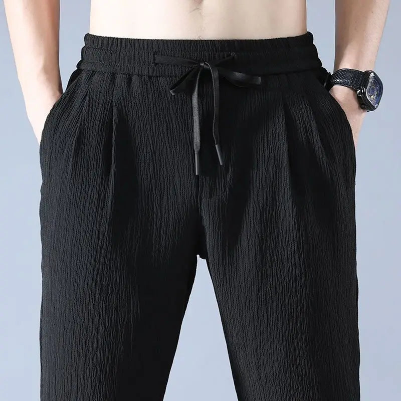 Ice Silk Linen Man Sport Pants Casual Overweight Sweatpants Male Quick-dry Elastic Baggy Ankle-length Harem Trousers Big Size