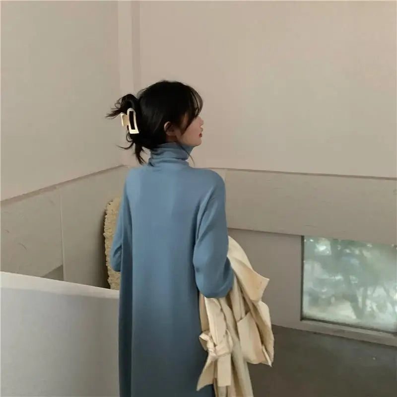 Long Sleeve Dress Women Solid Turtlenek Side Slit Midi Elegant All-match Korean Style Simple Winter Fashion Ins Stylish Vestido