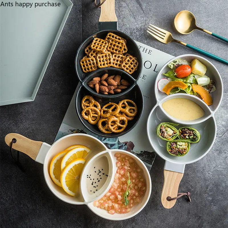 Nordic Ceramic Grid Snack Tray Dessert Plate Salad Bowl Household Kitchen Supplies Restaurant Tableware Fruit Decoration Tray