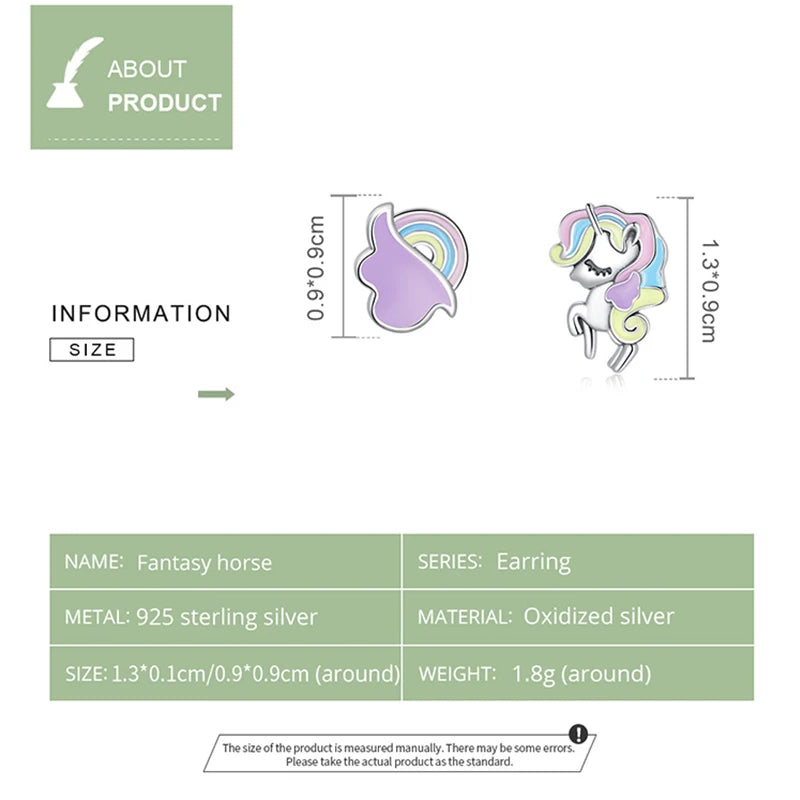 Bamoer New Dreamy Unicorn Ear Studs for Young Girl Genuine 925 Sterling Silver Morandi Color Animal Earrings Fine Party Jewelry