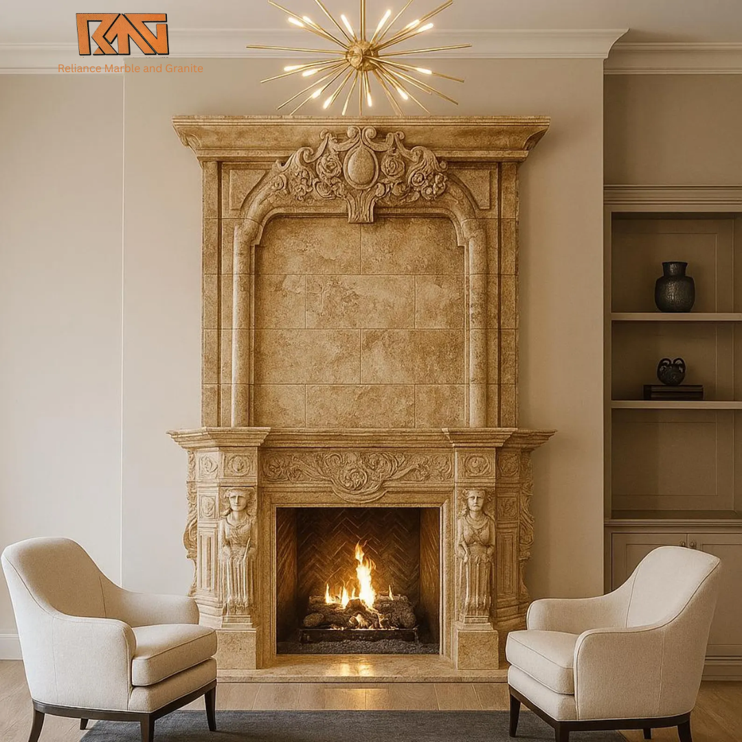 Beige Travertine Marble Overmantel (Get Quote )