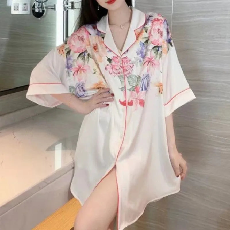 2023 New Extra-large Short Nightdress Women Summer Loungewear French Thin Shirt Half Sleeve Pajamas Women V-neck Homewear