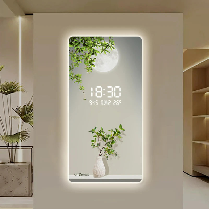 Simple Green Plant Digital Plug-in Electronic Clock Wall Clock Living Room Hallway Hallway Decoration LED Hanging Wall Clock