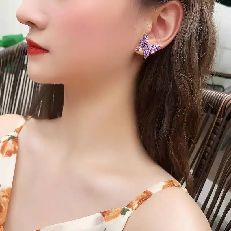 Korean New Fashion Purple Crystal Butterfly Earrings for Women Rhinestone Cute Girl Zircon Stud Earrings Jewelry Wholesale