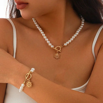 SHIXIN 2Pcs Christmas Tree Snowflake Pendant Necklace Bracelet Women Elegant Imitation Pearl Choker Bangle Christmas Jewelry Set