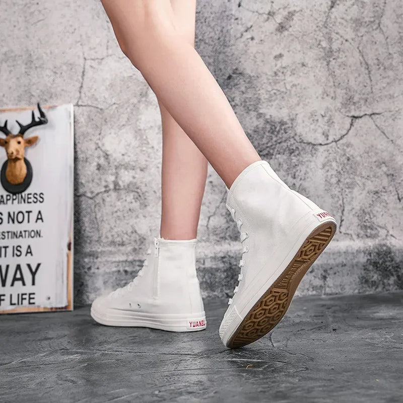 2024 The New Women's Sneakers Zippered Platform Boots Canvas White Shoes Lightweight High Top Women Vulcanized Shoes Botas Mujer