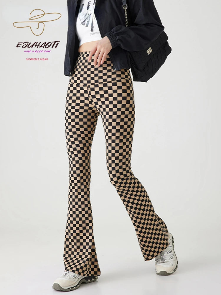 2024 Spring Summer New Checkerboard Shark Flared Leggings Women High Waist Tight Butt Lifter Sexy American Style Boot Cut  Pant