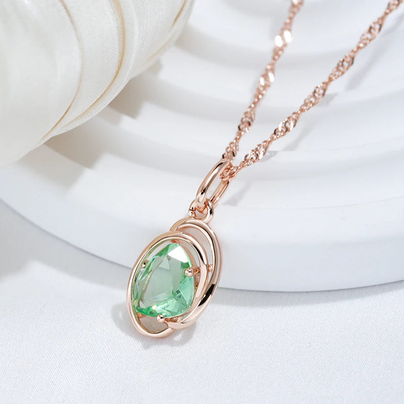 Wbmqda Geometric Light Green Stone Pendant And Necklace For Women 585 Rose Gold Color Trendy Neck Chain Jewelry