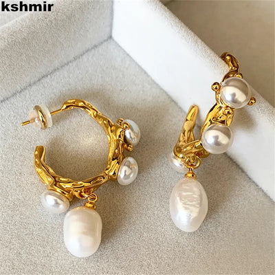 kshmir French Vintage Baroque Fresh Water Pearl Earrings for Women Fashion Elegant Metal Jewelry Gifts 2023 Hot Sale
